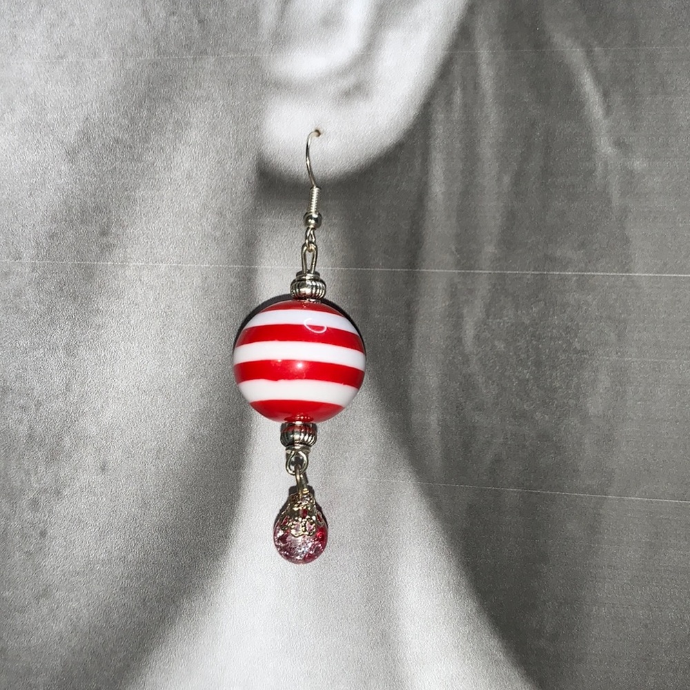 Hand Crafted Red n White Striped Gum Ball Drop Dangling Earrings
